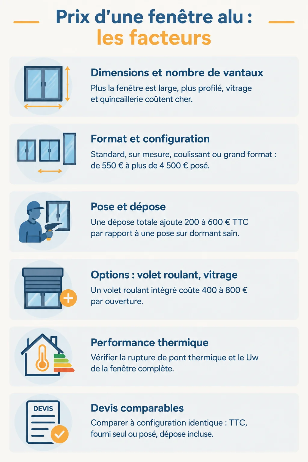 Prix d'une fenêtre alu : les facteurs : Dimensions et nombre de vantaux, Format et configuration, Pose et dépose, Options : volet roulant, vitrage, Performance thermique, Devis comparables
