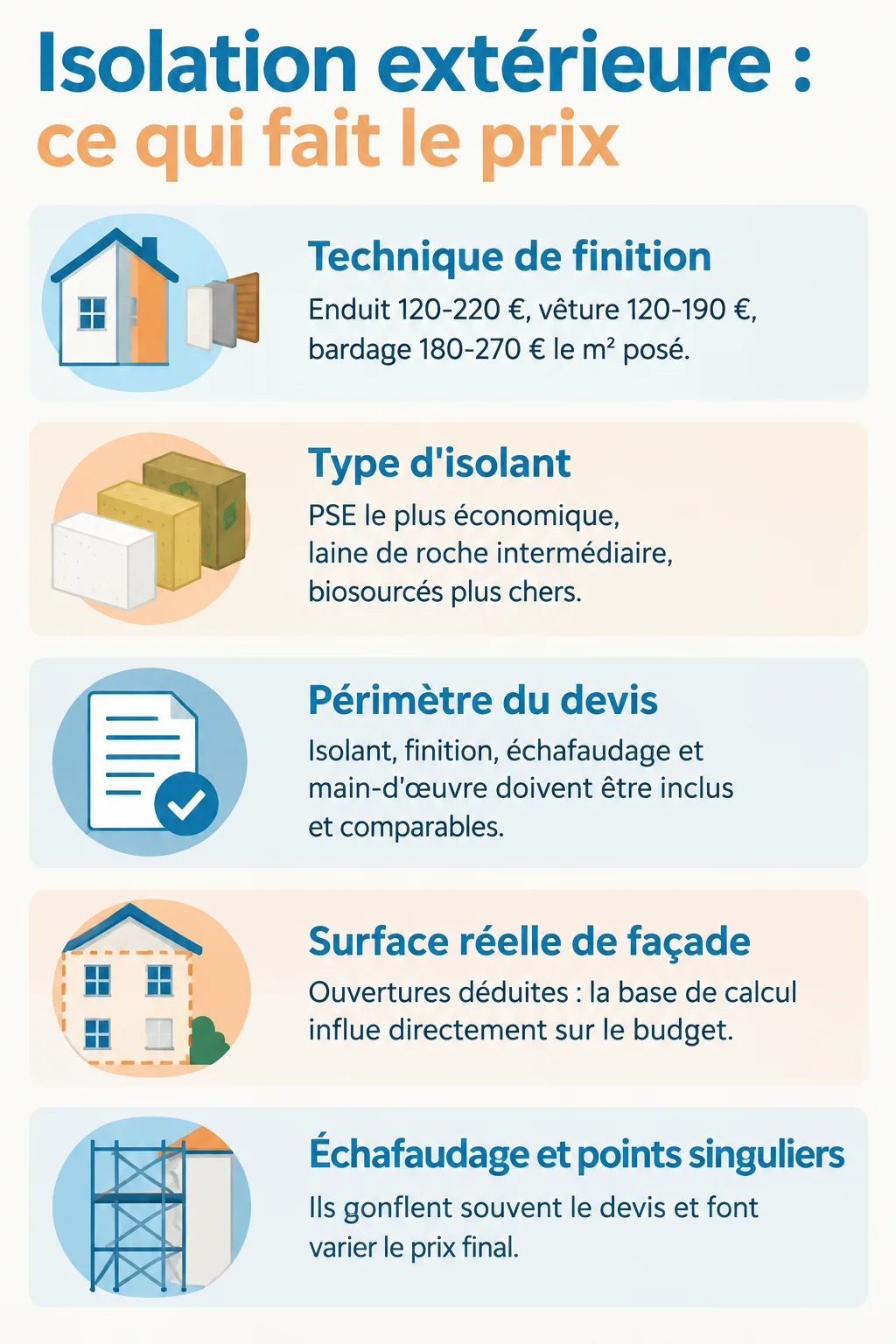 Isolation extérieure : ce qui fait le prix : Technique de finition, Type d'isolant, Périmètre du devis, Surface réelle de façade, Échafaudage et points singuliers