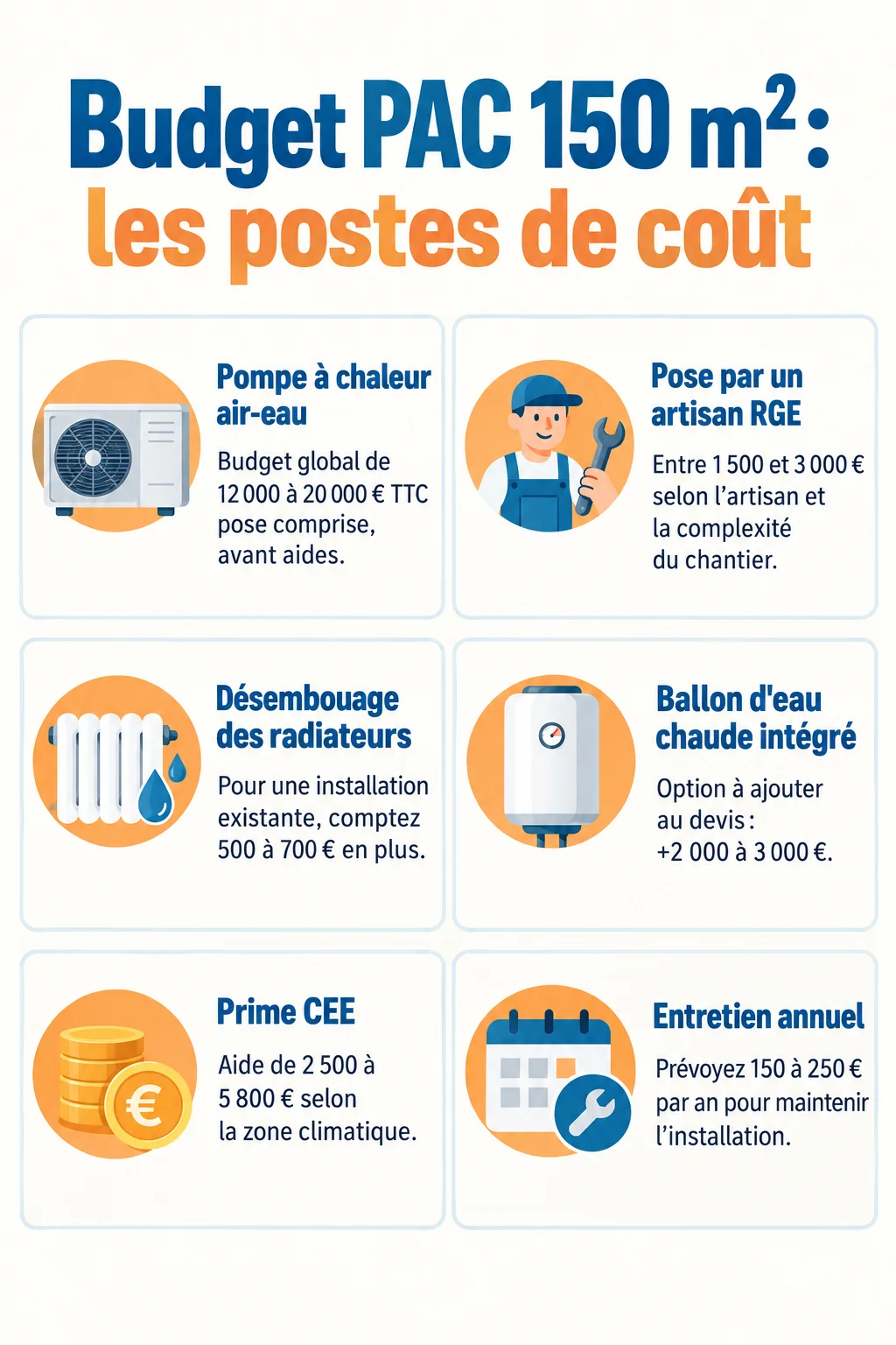 Budget PAC 150 m² : les postes de coût : Pompe à chaleur air-eau, Pose par un artisan RGE, Désembouage des radiateurs, Ballon d'eau chaude intégré, Prime CEE, Entretien annuel
