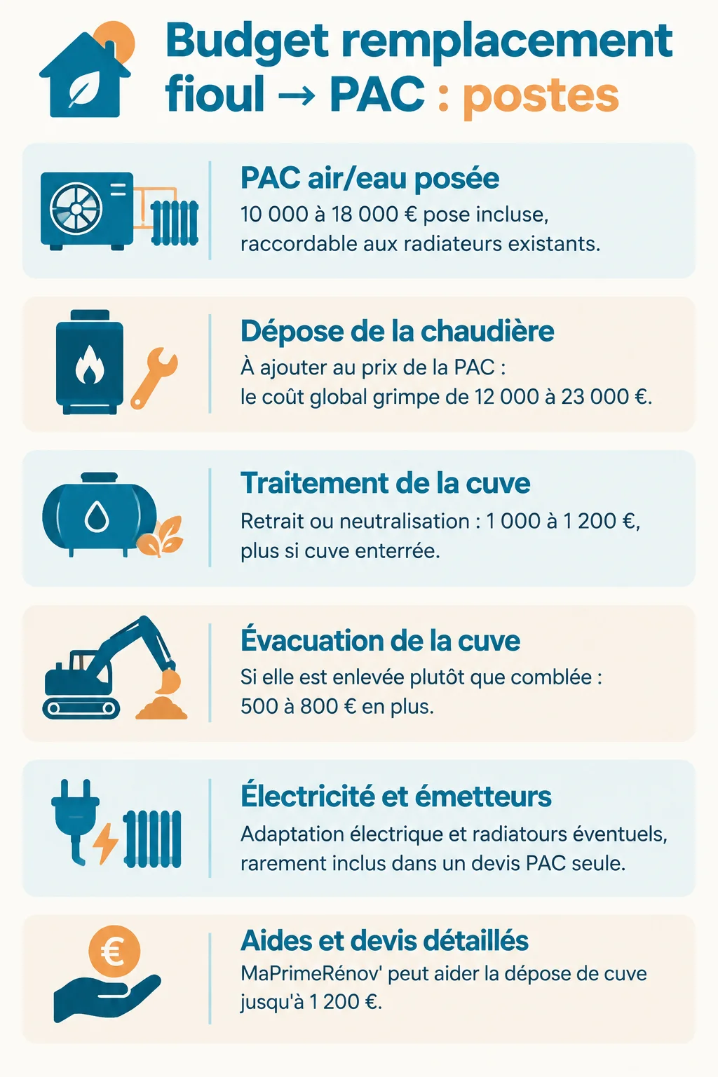 Budget remplacement fioul → PAC : postes : PAC air/eau posée, Dépose de la chaudière, Traitement de la cuve, Évacuation de la cuve, Électricité et émetteurs, Aides et devis détaillés