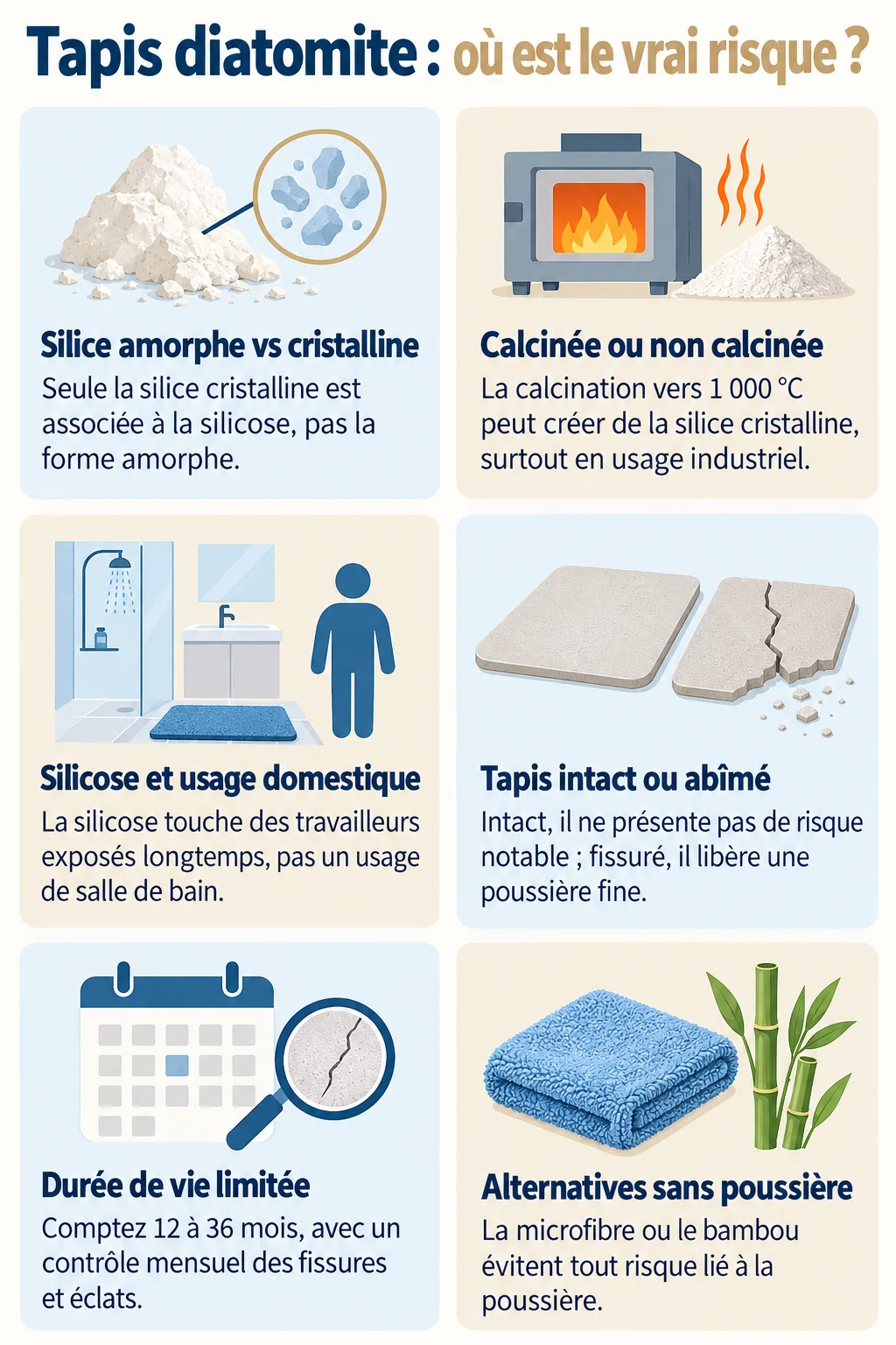 Tapis diatomite : où est le vrai risque ? : Silice amorphe vs cristalline, Calcinée ou non calcinée, Silicose et usage domestique, Tapis intact ou abîmé, Durée de vie limitée, Alternatives sans poussière
