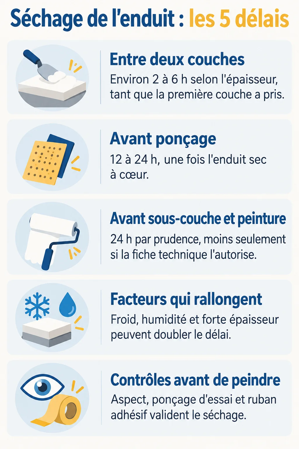 Séchage de l'enduit : les 5 délais : Entre deux couches, Avant ponçage, Avant sous-couche et peinture, Facteurs qui rallongent, Contrôles avant de peindre