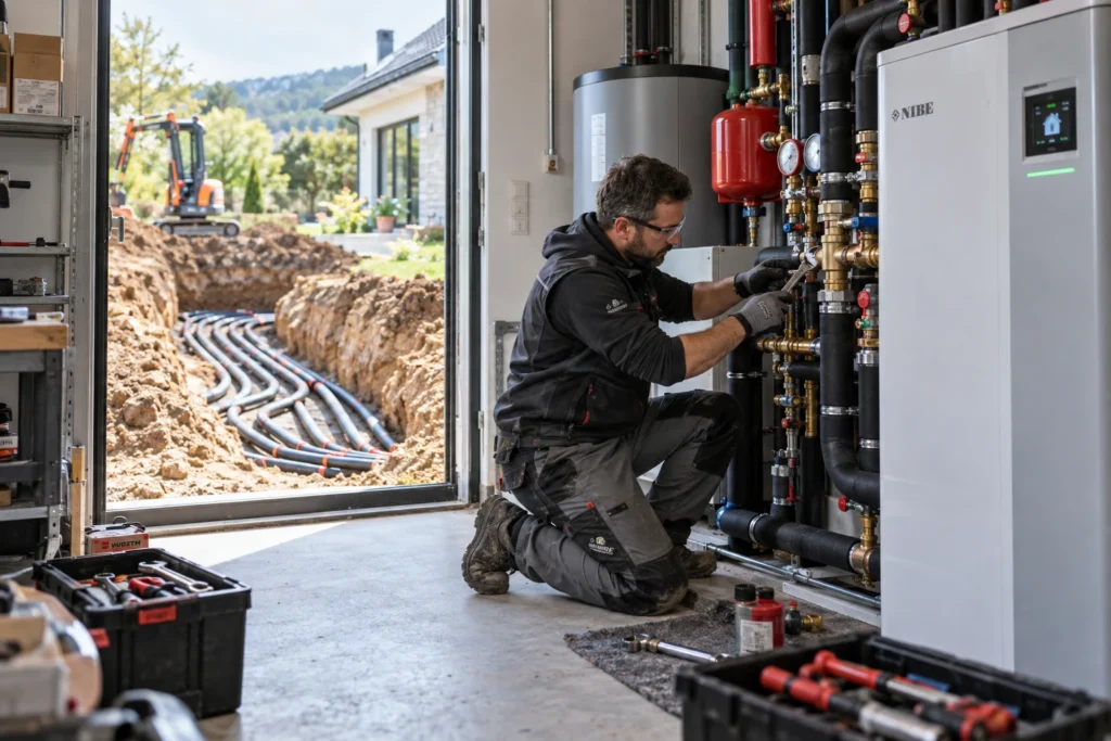 Artisan installant une pompe à chaleur géothermique avec captage enterré dans le jardin d'une maison