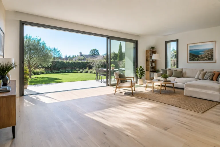 Salon lumineux avec une baie vitrée coulissante en aluminium de 3 mètres donnant sur un jardin