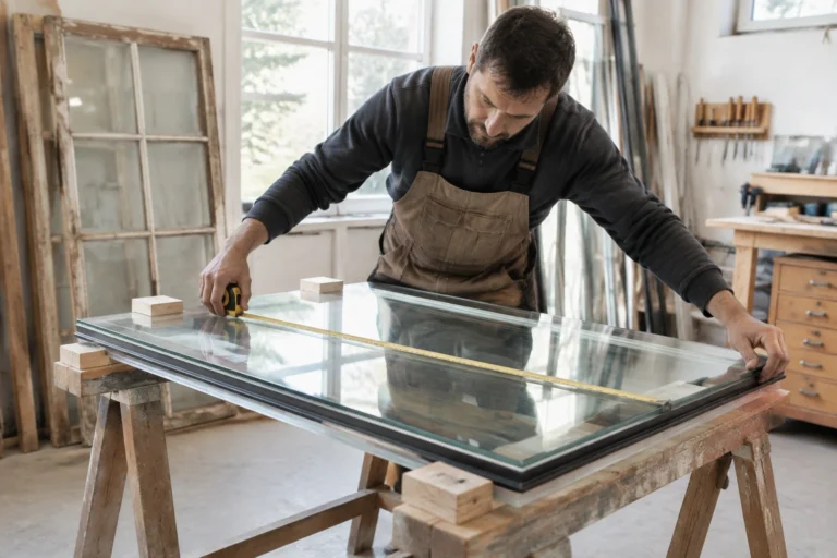 Artisan mesurant un double vitrage sur mesure dans un atelier avant remplacement d'une fenêtre