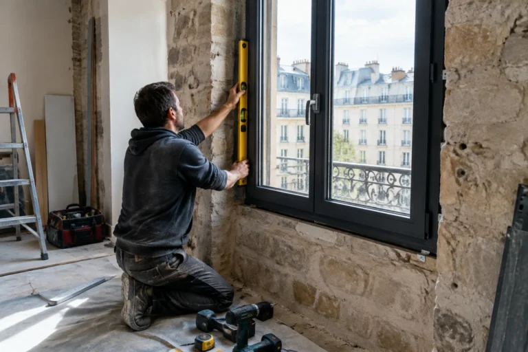 Artisan posant une fenêtre aluminium anthracite dans un appartement en rénovation