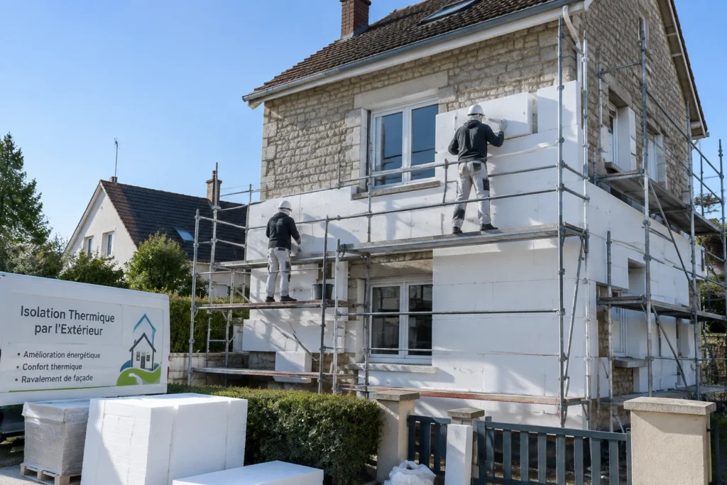 Ouvriers posant des panneaux d'isolation sur la façade d'une maison avec échafaudage