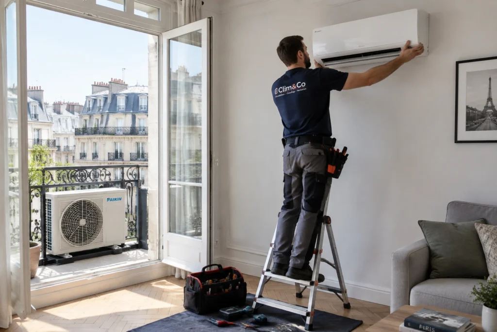 Artisan installant un split mural de pompe à chaleur air-air dans un salon lumineux