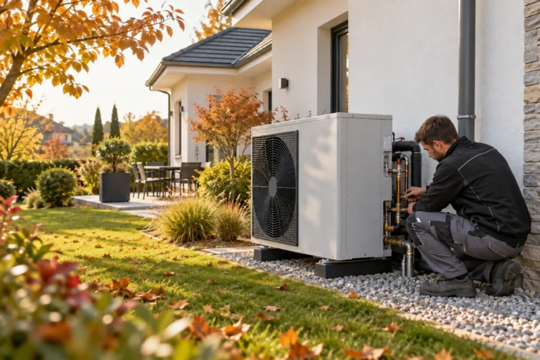 Pompe à chaleur air-eau installée à l'extérieur d'une maison individuelle avec un artisan qui contrôle le raccordement