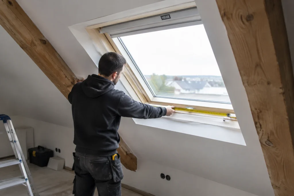 Artisan mesurant une fenêtre de toit Velux dans des combles aménagés avant la pose