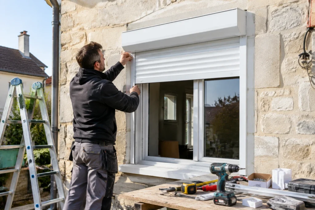 Artisan en train de poser un volet roulant électrique sur une fenêtre de maison en rénovation