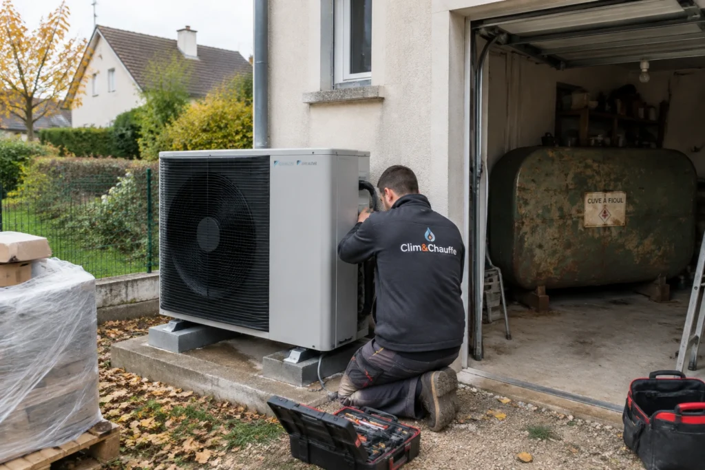 Artisan installant une pompe à chaleur air/eau près d'une maison avec une ancienne cuve à fioul