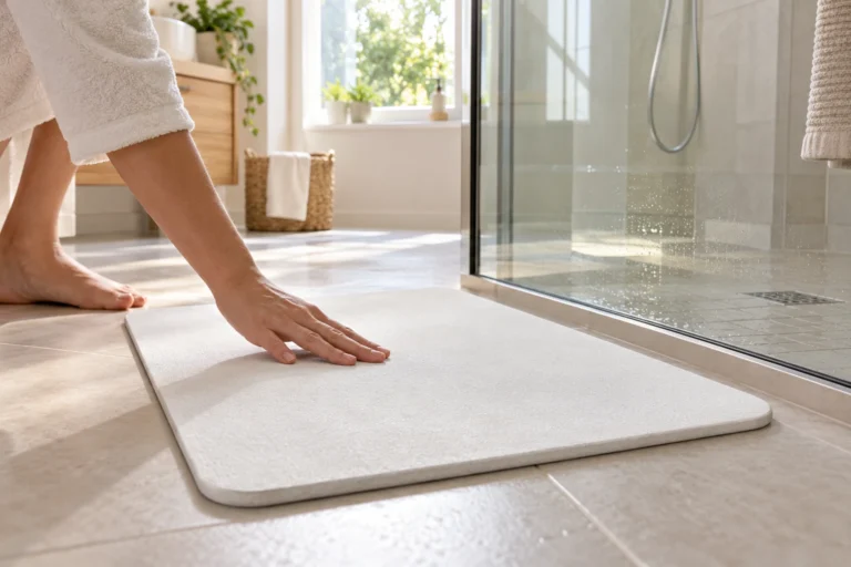 Tapis de bain en diatomite posé devant une douche, main contrôlant l'état de sa surface