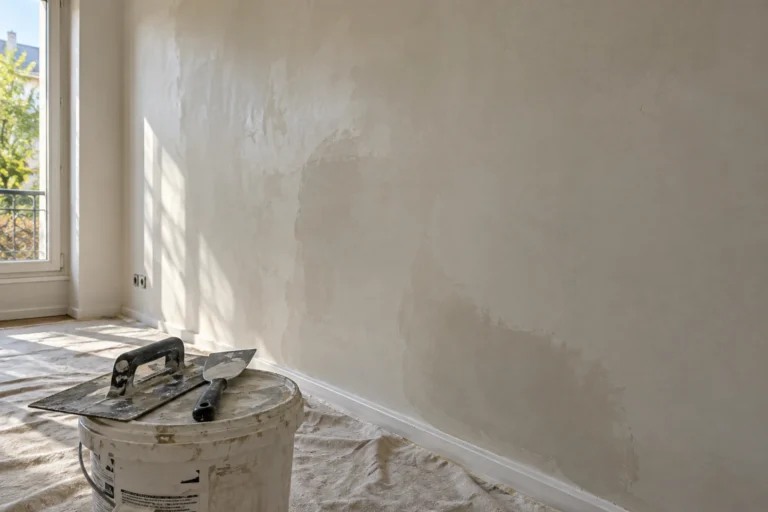 Mur fraîchement enduit avec taloche et couteau, zones encore humides visibles