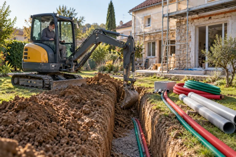 Mini-pelle creusant une tranchée de raccordement dans le jardin d’une maison en rénovation